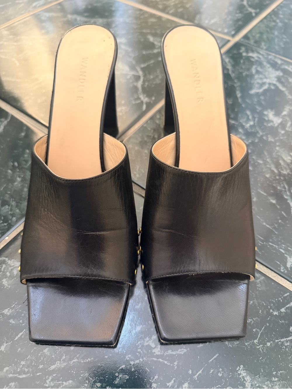 Wandler Black Leather Square-Front Slide Mules
